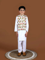 White Cotton Kurta Set with Nehru Jacket for Boys