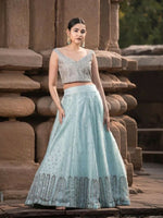 Sky Blue Velvet & Silk Lehenga Choli