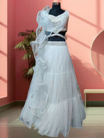 Aqua White Cold Shoulder top & Skirt with Ruffled Dupatta