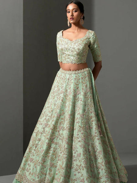 Graceful Green: Mulberry Silk Lehenga with Embroidery