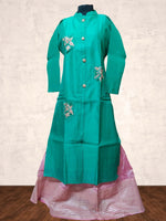 Peacock Green & Pink Raw Silk High Neck Kurta with Aline Embroidered Skirt