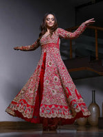Red Silk Blend Embroidered Anarkali with Pants