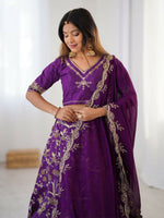 Royal Purple Thai Silk Embroidered Lehenga Set with Malai Silk Dupatta