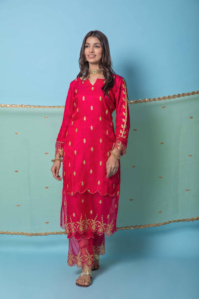 Fuschia Chanderi Silk Suit Set