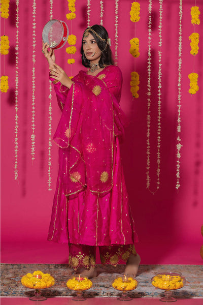 Fuchsia Chanderi Silk Anarkali Suit Set
