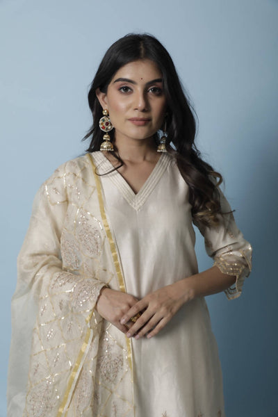 Beige Chanderi Silk Suit Set
